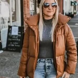 NWT Bagatelle.NYC Oversize Faux Leather Puffer Jacket Cognac Brown Womens Size S